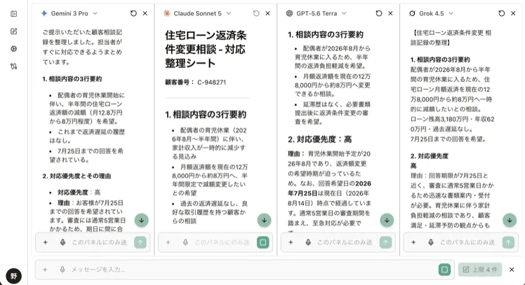 Acompany セキュアチャットで複数のAIモデルに同じ相談を並行して処理させている画面