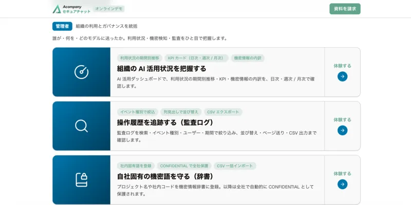 業務ユースケースを試せるオンラインデモ画面
